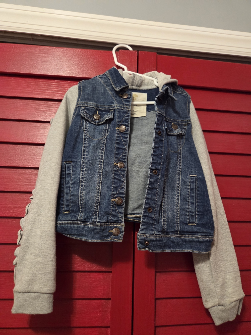 Tucker + Tate Blue Denim Jacket with Gray Hoodie Sleeves